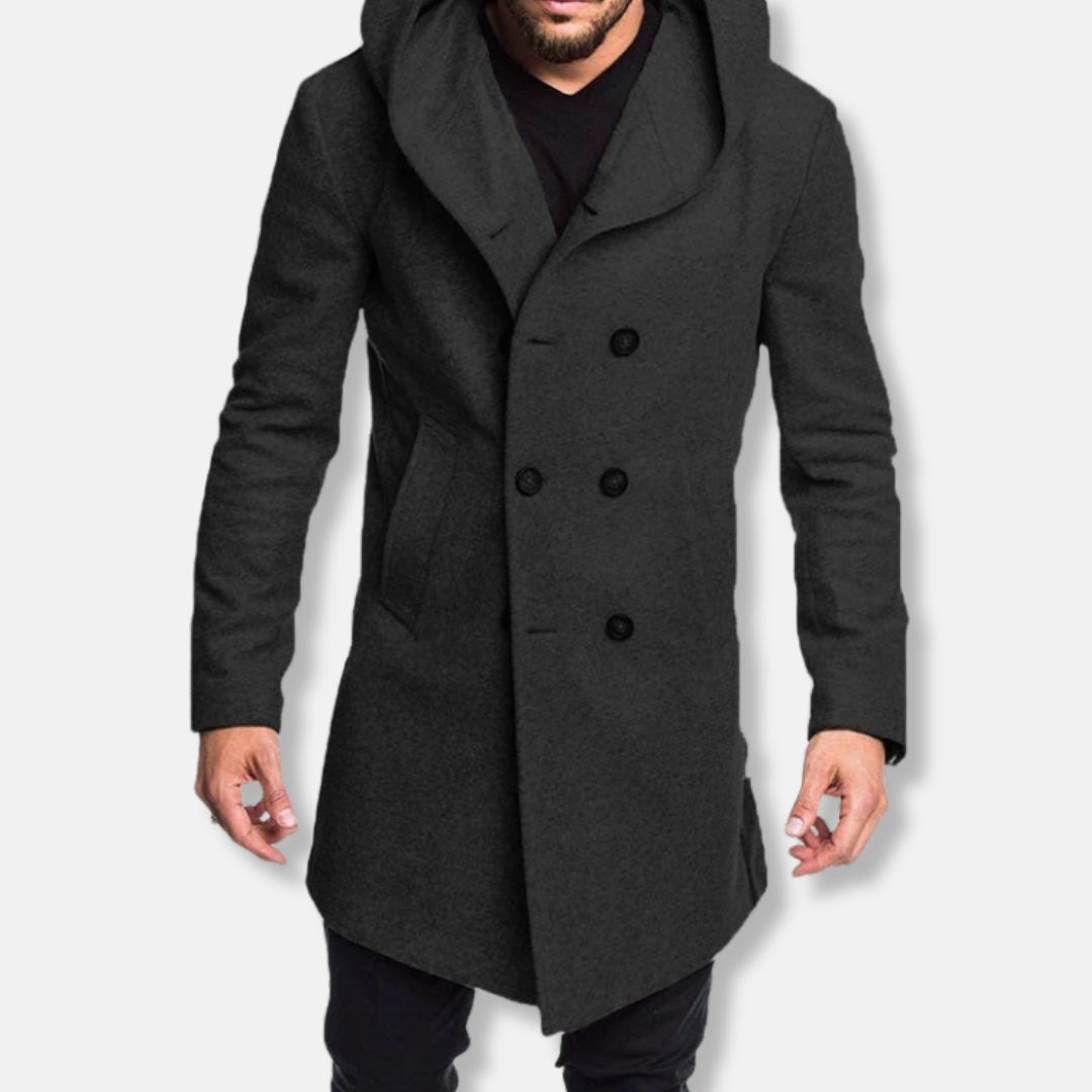 Men’s Long Coat – Slim Fit – Wool – Double-Breasted – Hooded Structured Style 1