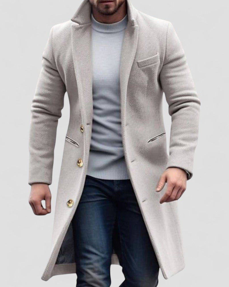 VogeLuxe | Men’s Long Gold-Button Trench Coat