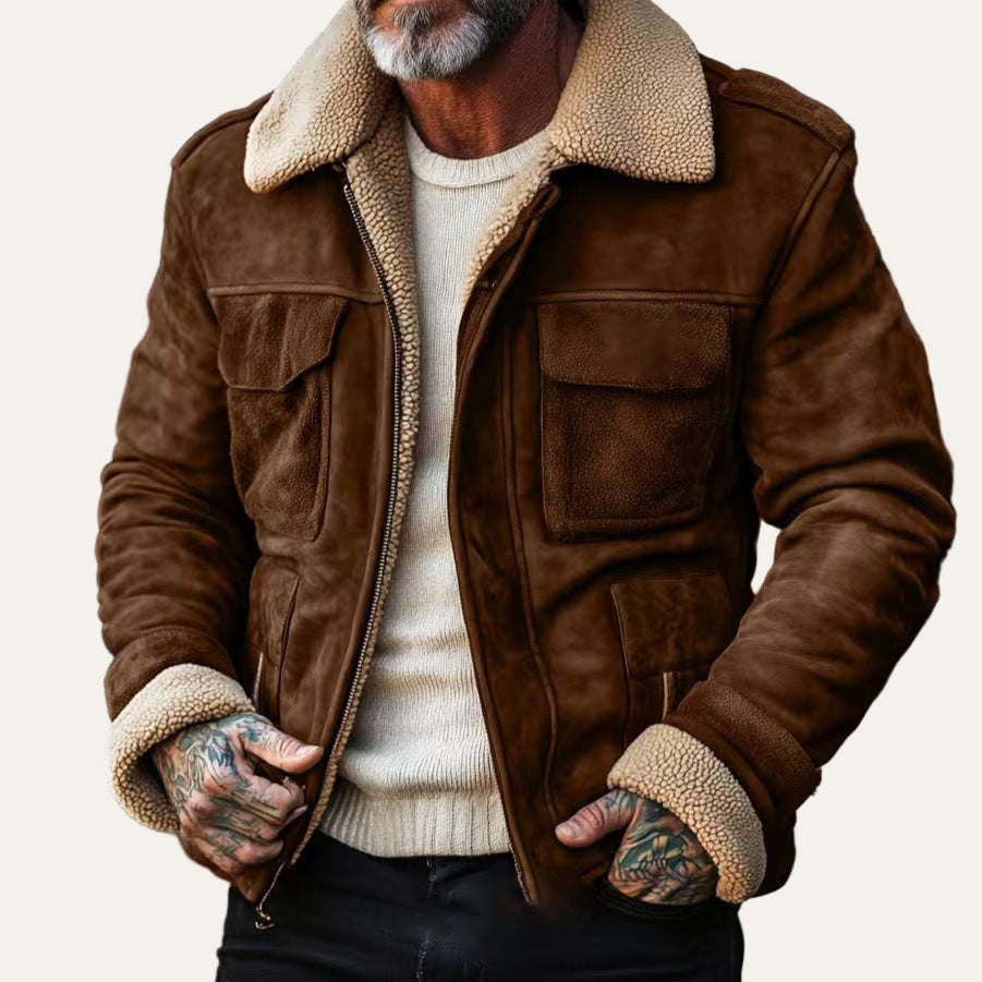 VogeLuxe | Men’s Suede Aviator Jacket with Shearling Trim