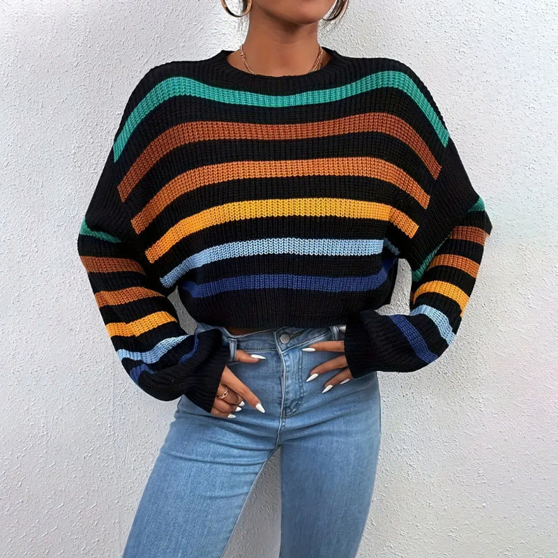 Warm Striped Crew Neck Women's Sweater - VogeLuxe