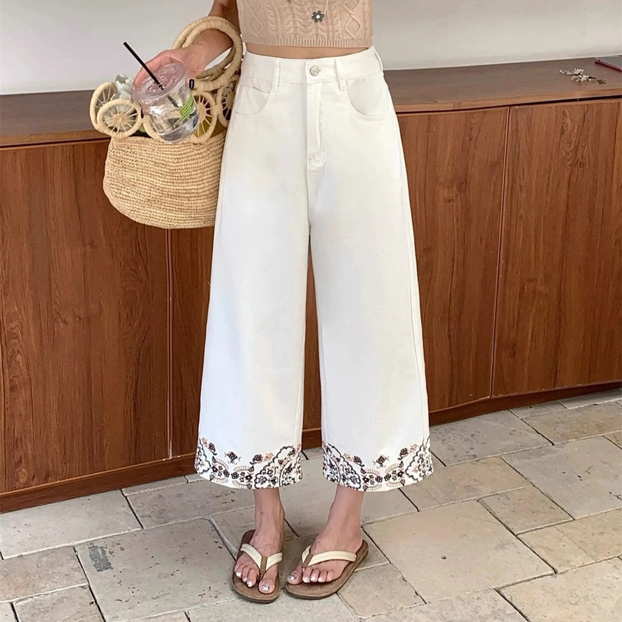 Ladies Loose Fit Floral Denim Jeans