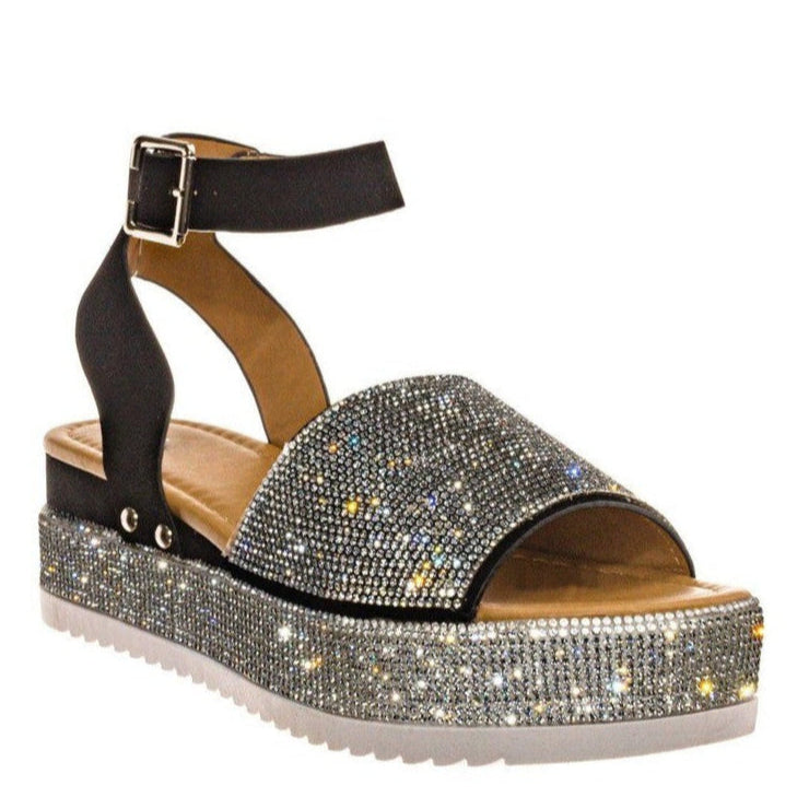 Glittery High Heel Sandals - Thick Buckle Strap Sandals