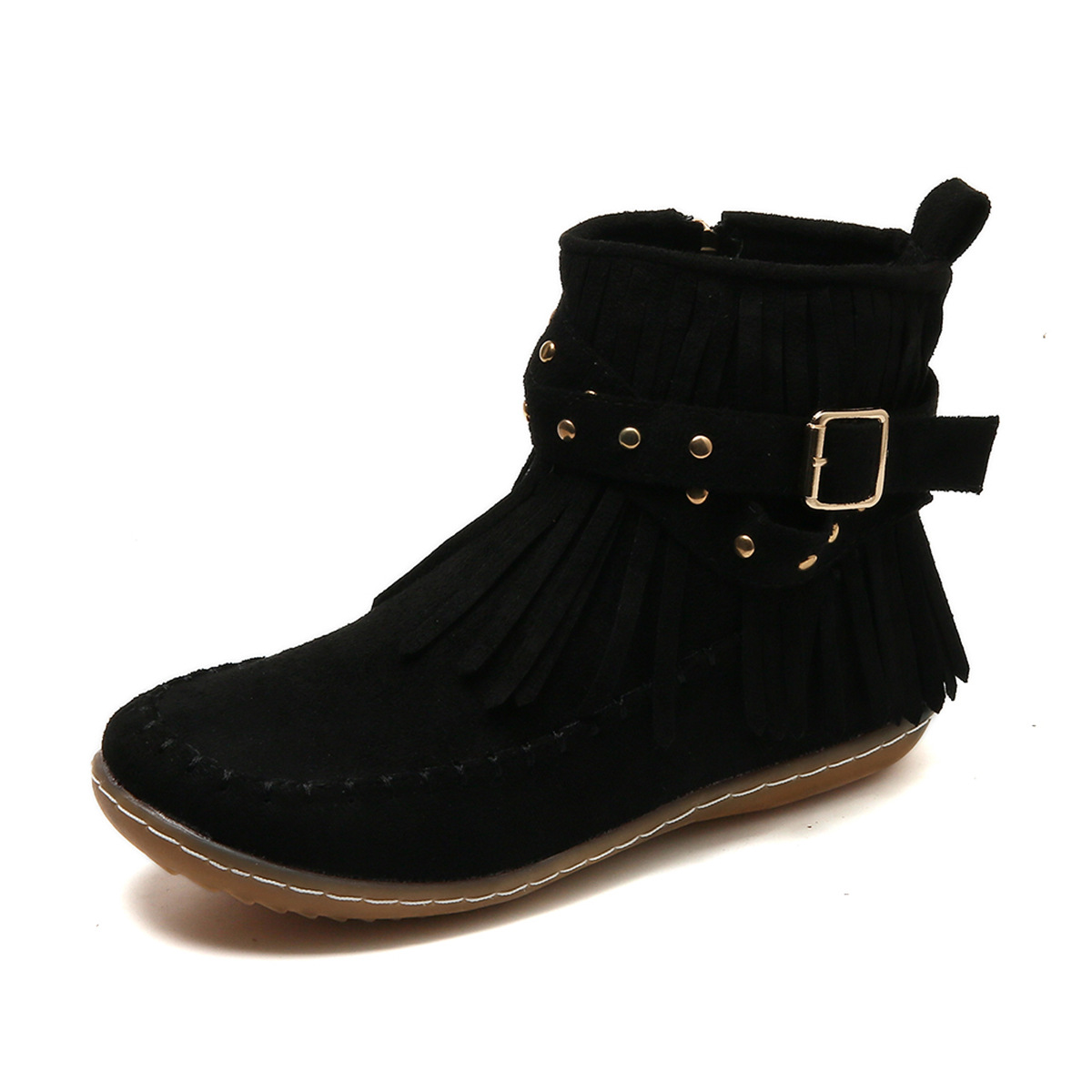 Fashionable Ankle Boots with Fringe and Buckle Detail