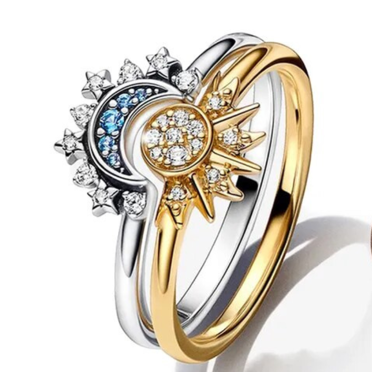 Sparkling Crystal Moon Sun Silver Statement Ring - VogeLuxe