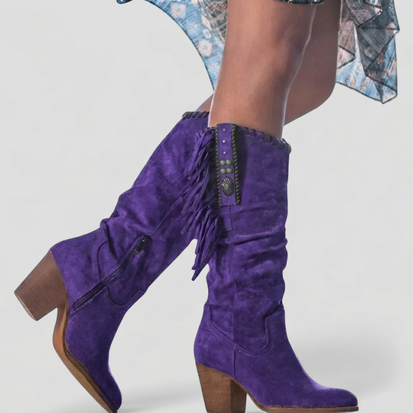 Orthopedic Suede Fringe Knee High Western Boots for Women