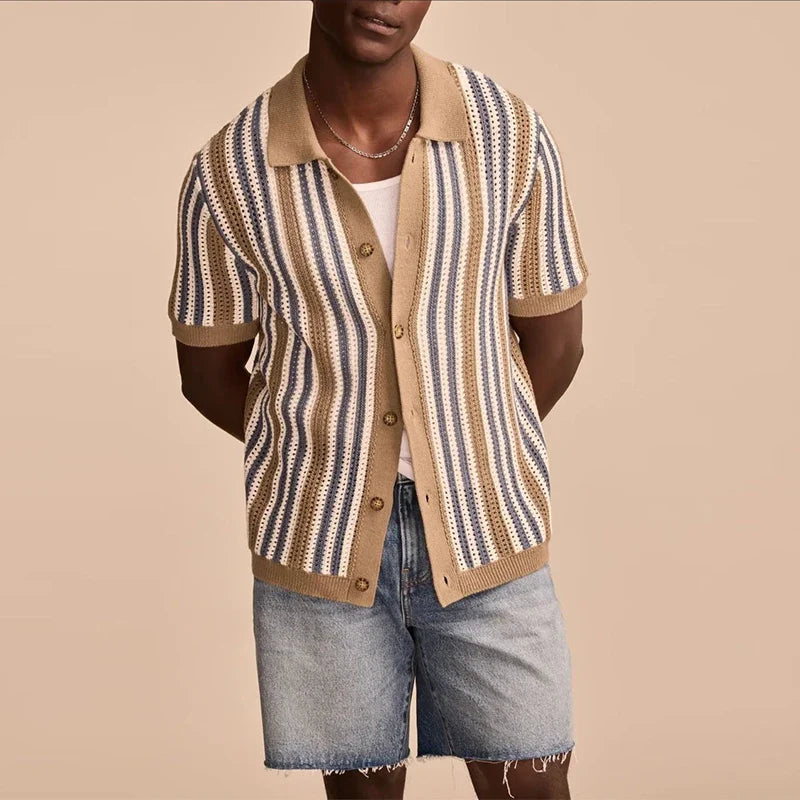 Lightweight Airy Striped Knit Polo Sweater for Men