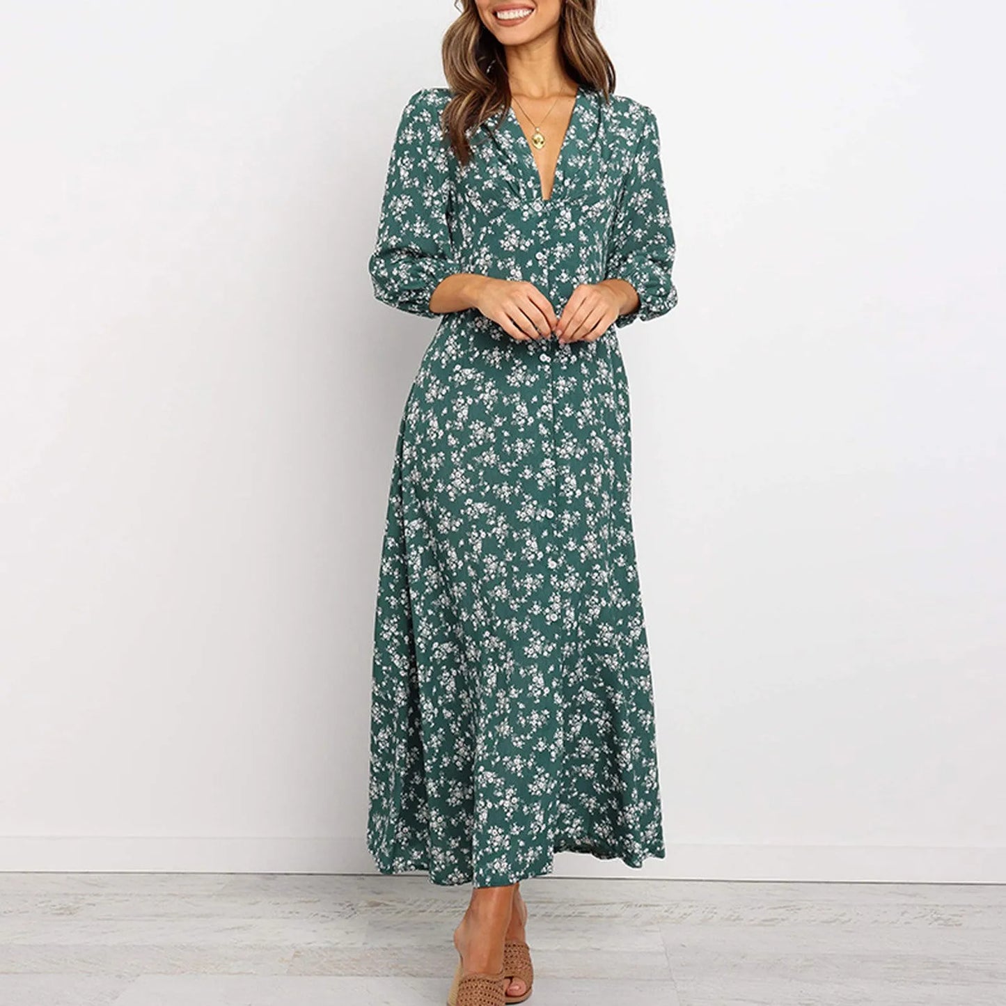 Beautiful Floral V-neck Long Dress for Ladies