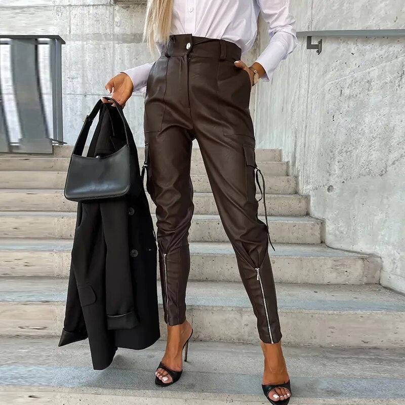 Comfortable Faux Leather Wide Leg Pants