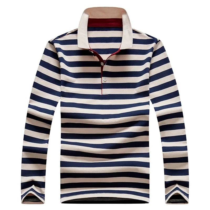 Classic Men's Striped Polo Shirt Long Sleeve Cotton