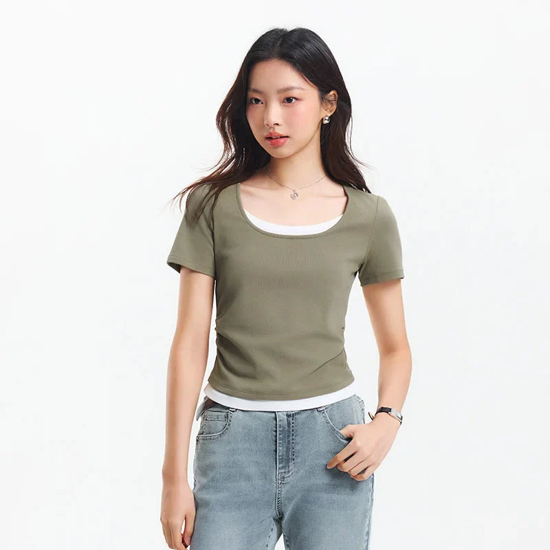 Fashionable Faux Crop Top – Flattering V-Neck Tee