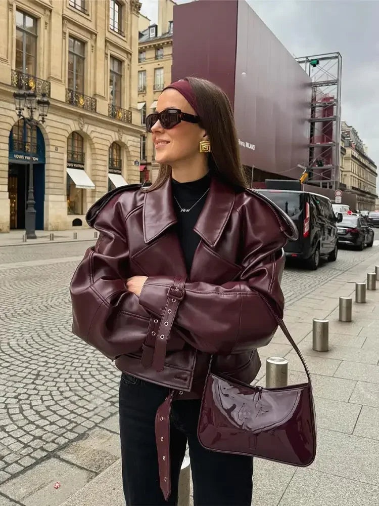 Comfy Burgundy Faux Leather Jacket for Ladies - VogeLuxe