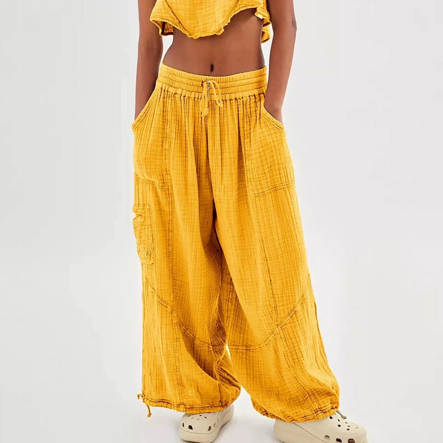 Relaxed Fit Wide Leg Beach Pants with Pockets
