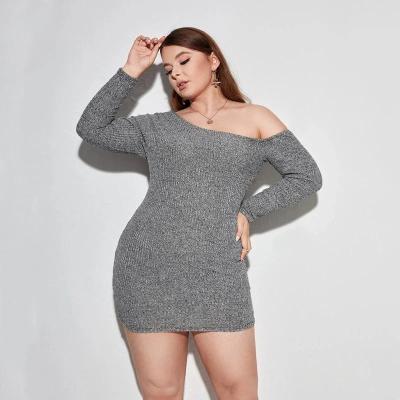 Curvy Off Shoulder Long Sleeve Fitted Bodycon Dress - VogeLuxe