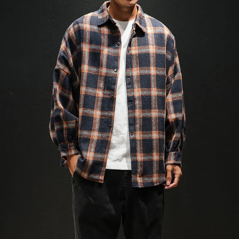 Big Plaid Flannel Shirt Men - Warm Casual Long Sleeve