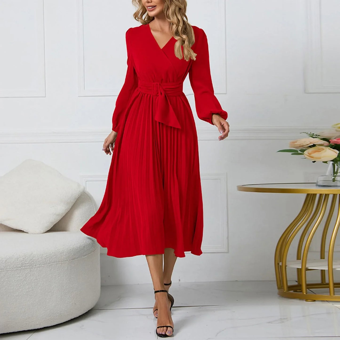 Flattering Fit Midi Dress with Waist Belt