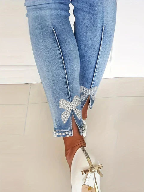 Comfy Embellished Slim Fit Pearl Jeans for Women