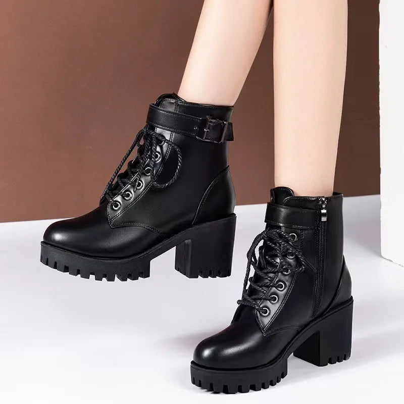 Comfortable Women's Low Heel Ankle Boots Waterproof Lace Up - VogeLuxe