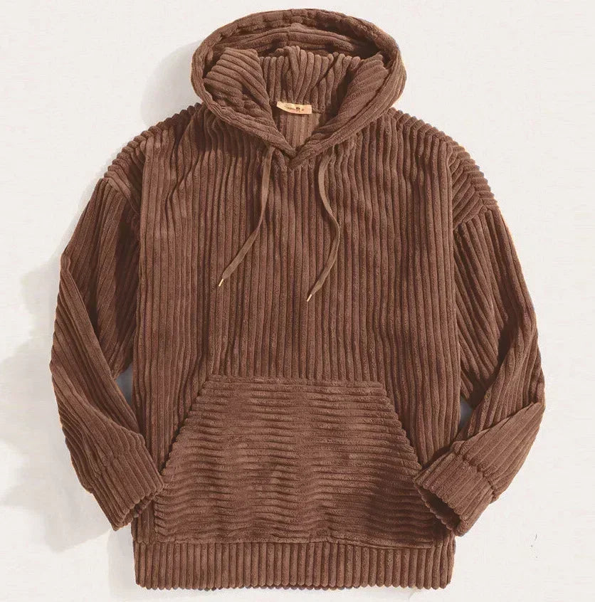 Warm Mens Corduroy Hoodie - Pouch Pocket, Casual Streetwear