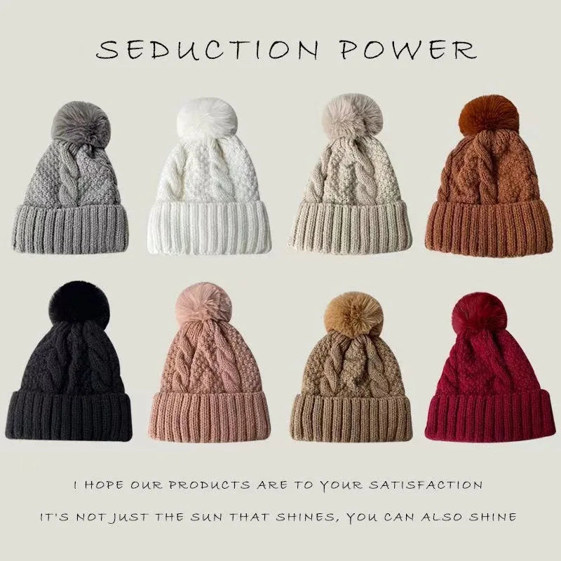 Warm Cable Knit Women's Winter Hat with Faux Fur Pom - VogeLuxe