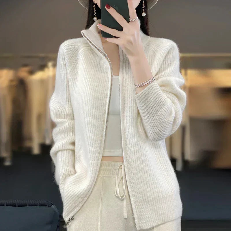 Soft 100% Wool Zip Up Women's Cardigan Sweater