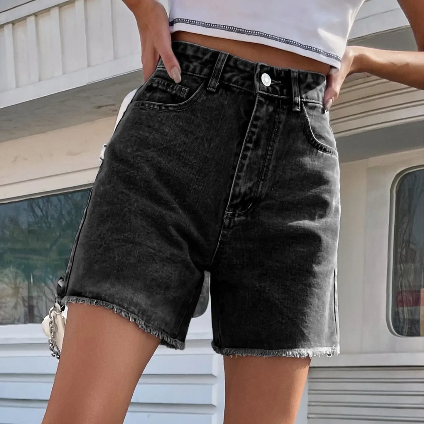 Comfy Loose Fit Mid Length Denim Shorts