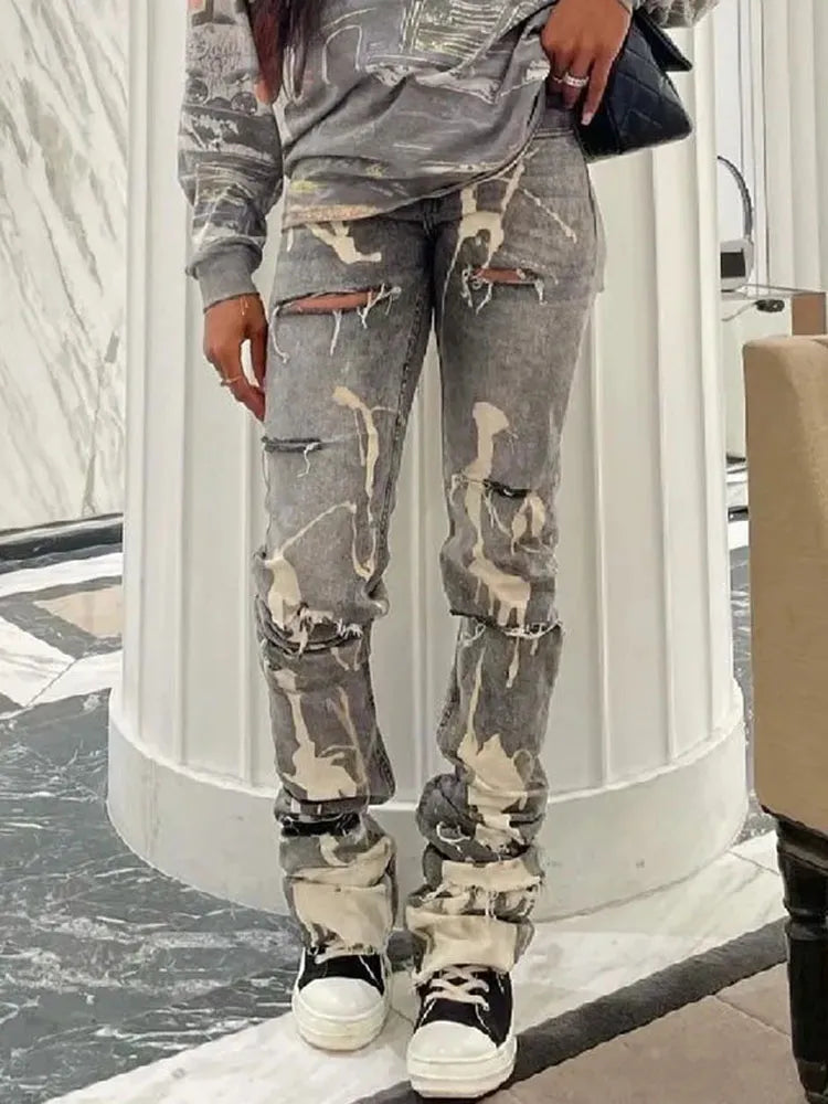 Fashionable Distressed Women's Jeans with Rips - VogeLuxe