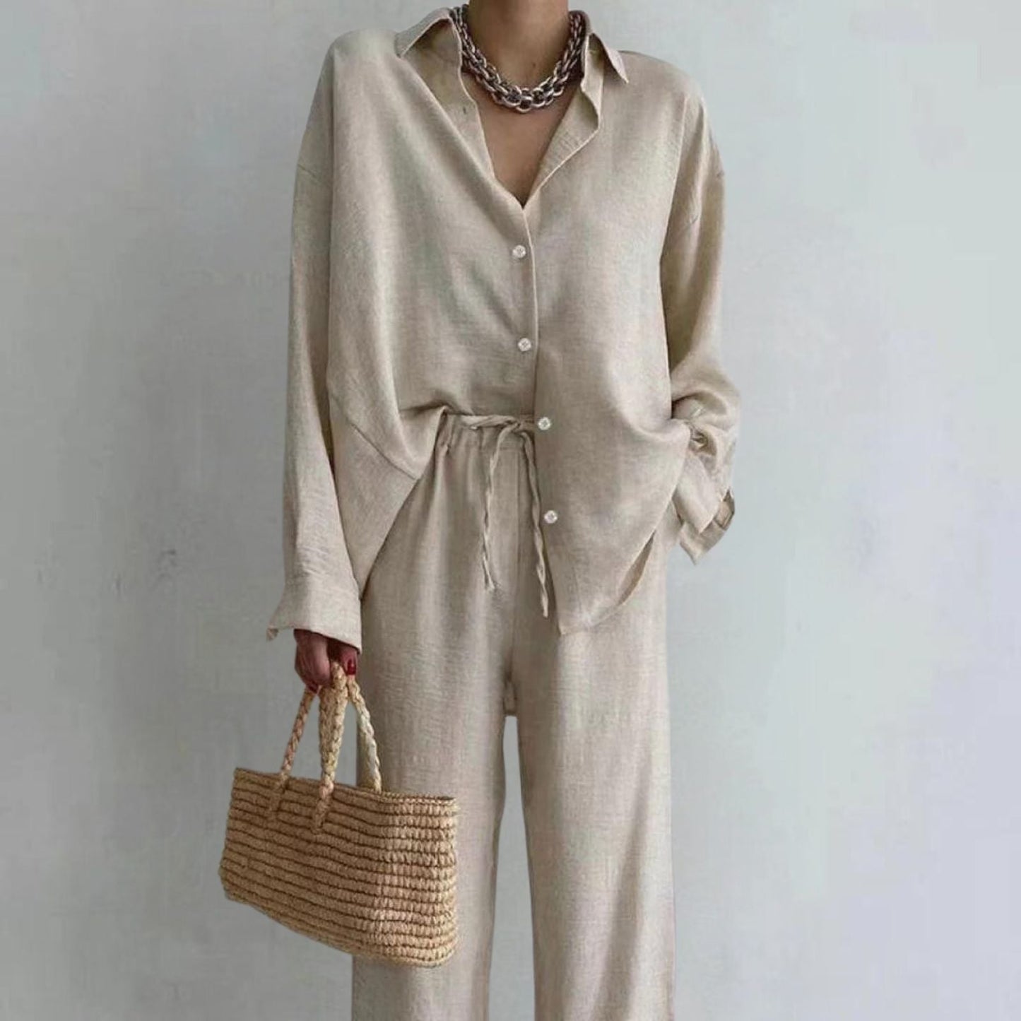Comfortable Women's Linen Pants Shirt Set Relaxed Fit