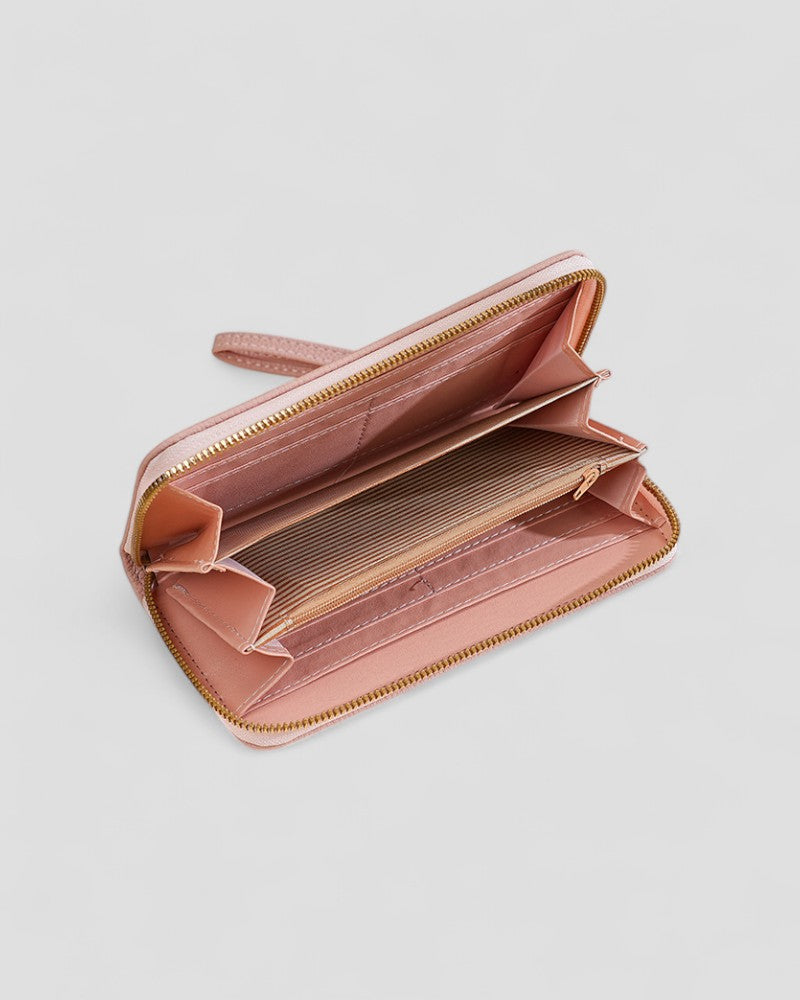 Textured Leather Zip Wallet with Wrist Strap for Women