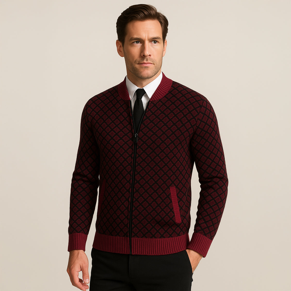 The Bibbona Men’s Knitted Diamond Pattern Zip Up Cardigan 9