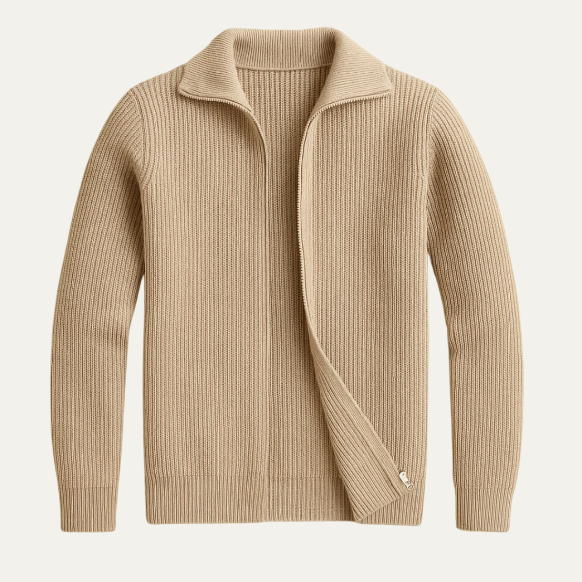 The Lisbon Men’s Knitted Full Zip Merino Wool Cardigan – Beige 2