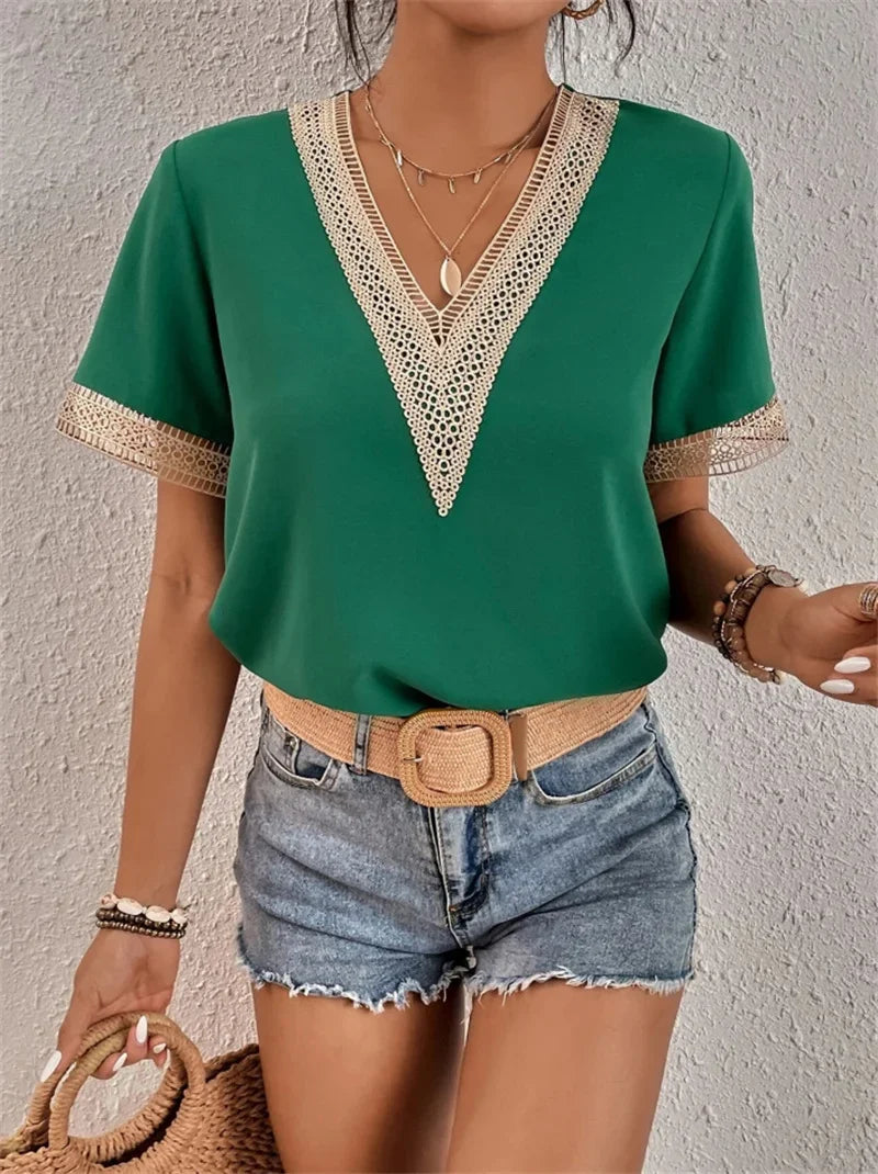 Feminine V-Neck Top with Delicate Lace Trim