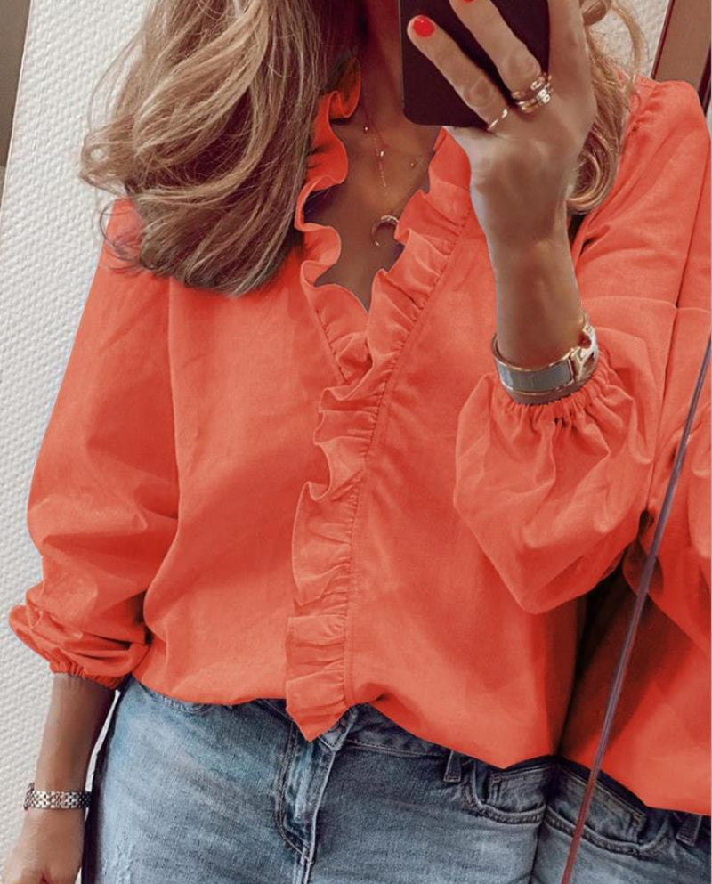 Feminine V Neck Ruffled Womens Blouse