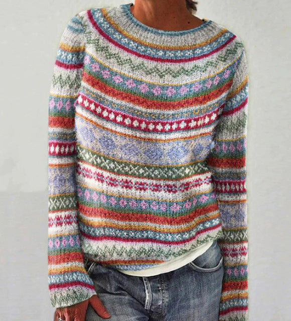 Classic Ladies Crew Neck Striped Sweater