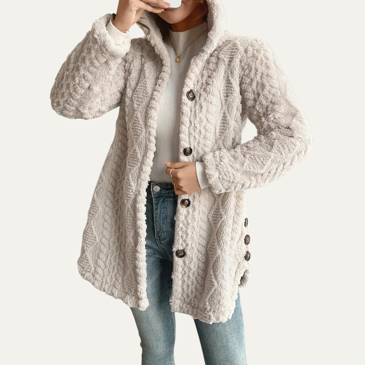 Women’s Cream Hooded Jacquard Plush Coat – Warm All-Season Cardigan Jacket 3
