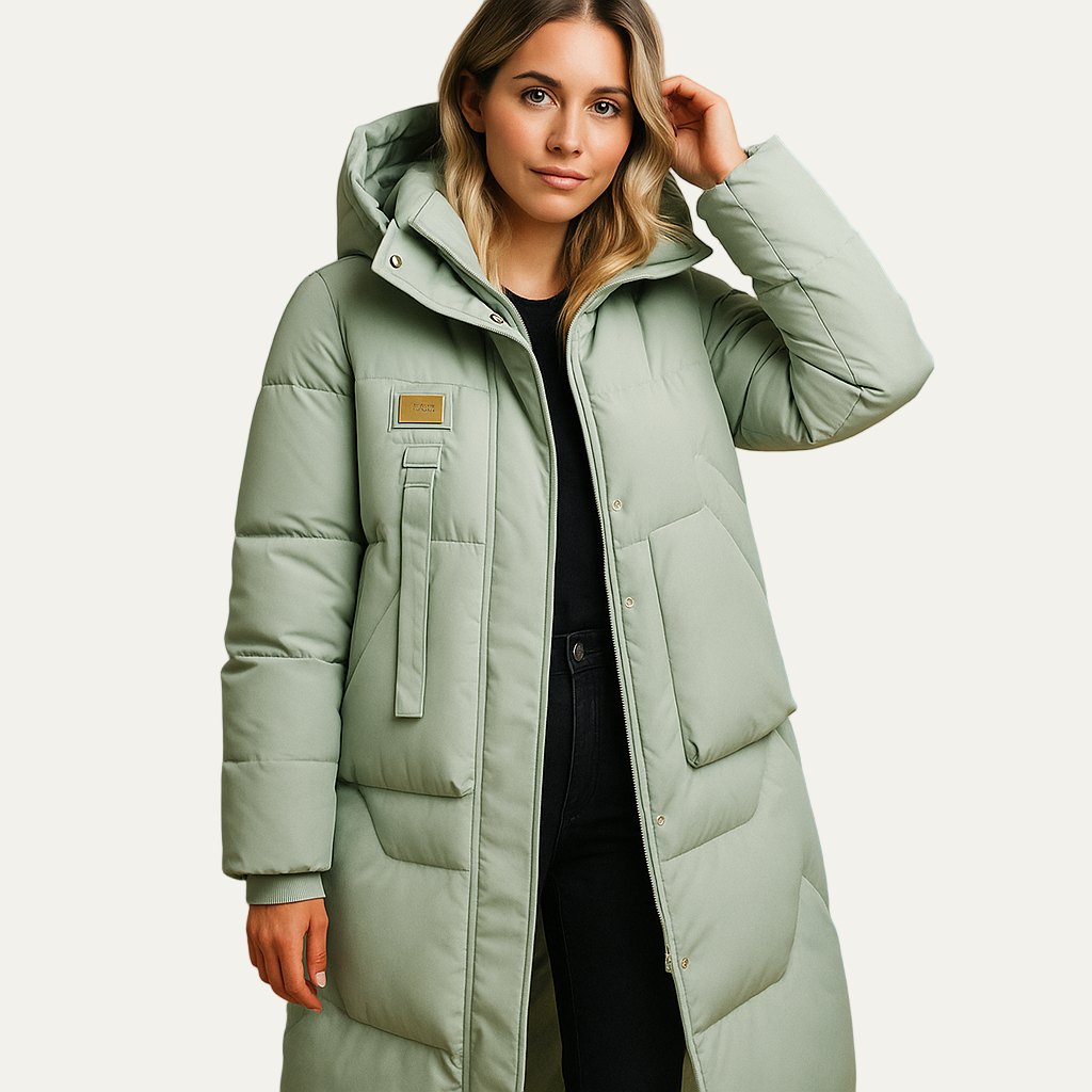 VogeLuxe | Women’s Long Puffer Coat with Hood and Concealed Front