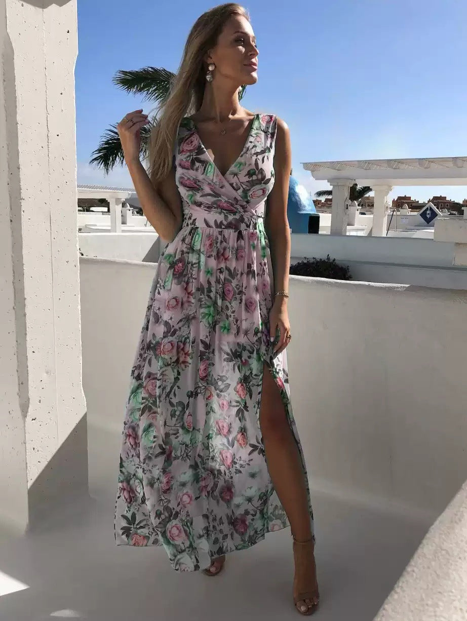 Ladies' Floral Long Dress with High Slit