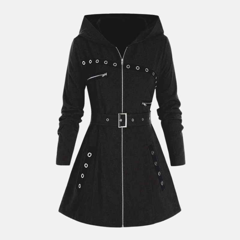 Women’s Hooded Coat – Tailored Regular Fit – Belted Waist – A-Line Flare – Silver Zips 1