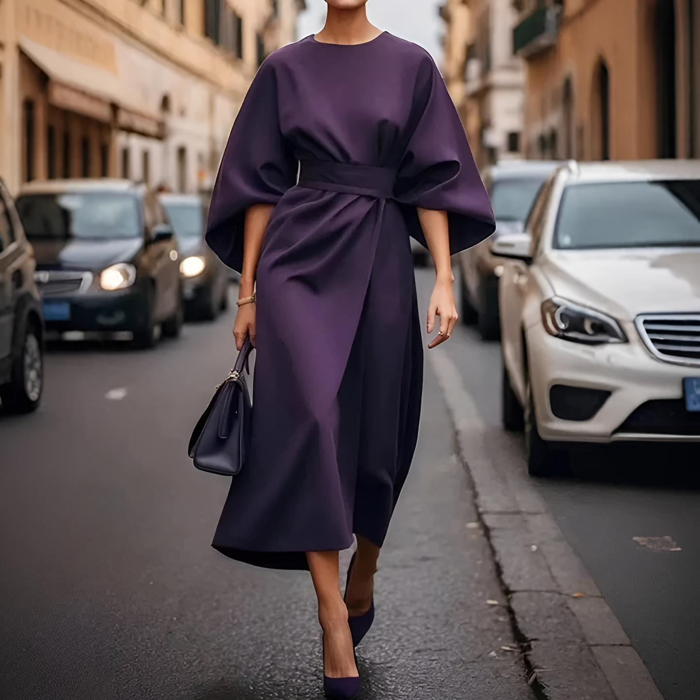 Feminine Flare Sleeve Waist Belted Midi Dress