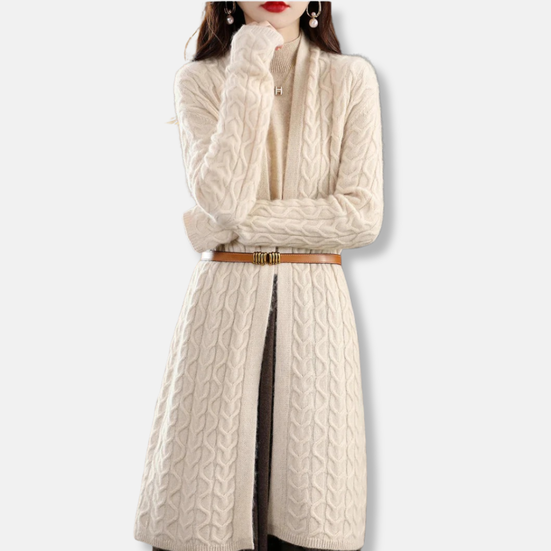 Women’s Long Cardigan – Wool Knit – Relaxed Fit – Cable Pattern – Belted Waist 3