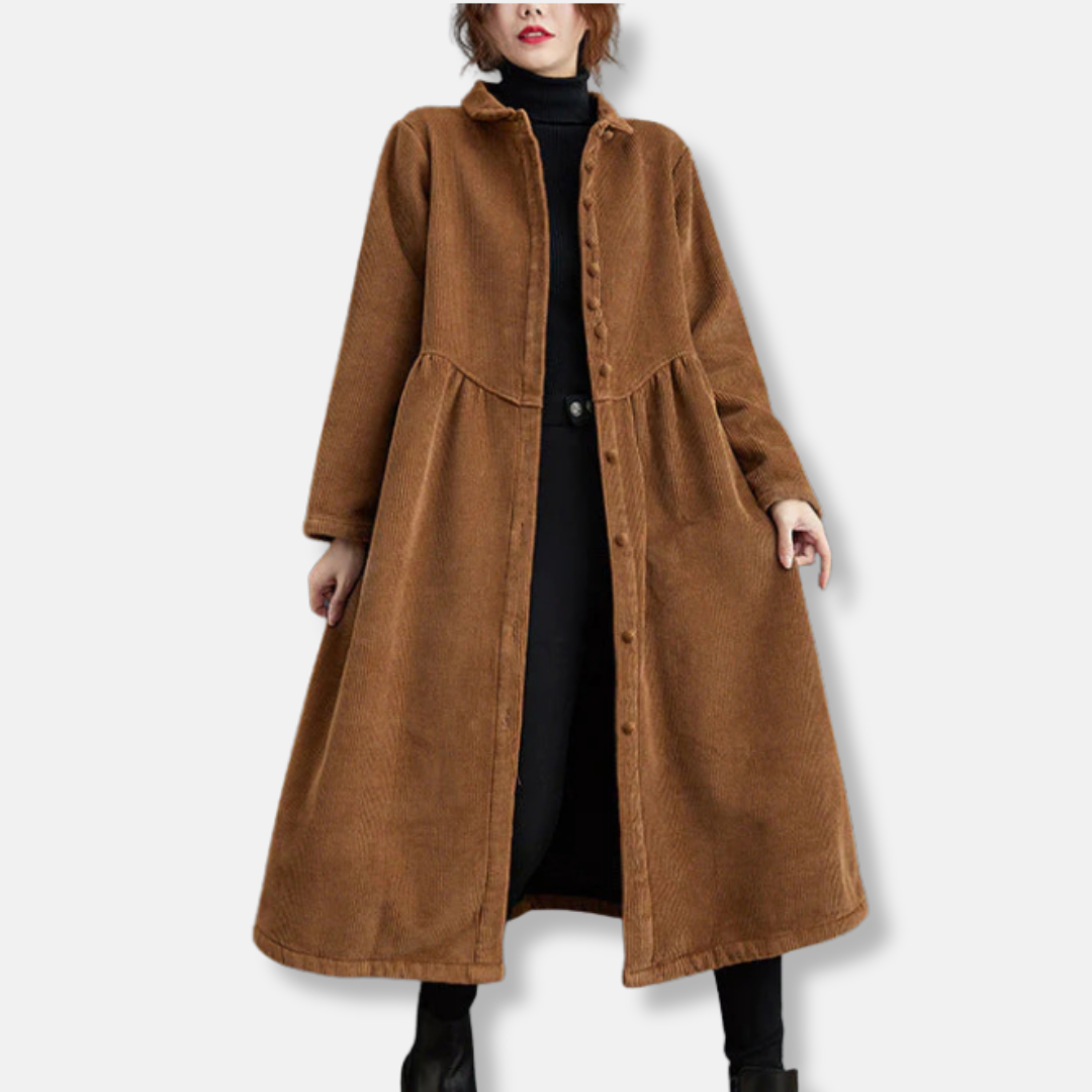 Women’s Long Coat – Corduroy A-Line – Loose Fit – High Neck – Button Front – Midi Length 3