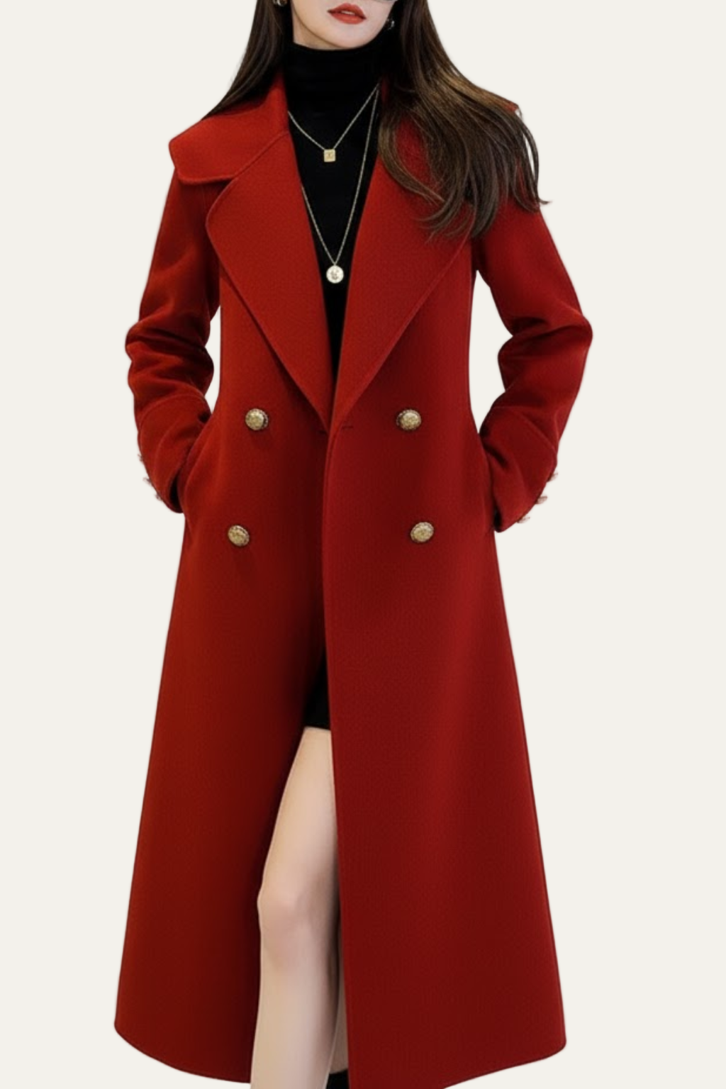 Women’s Red Double-Breasted Long Trench Coat – Elegant Winter Overcoat 1