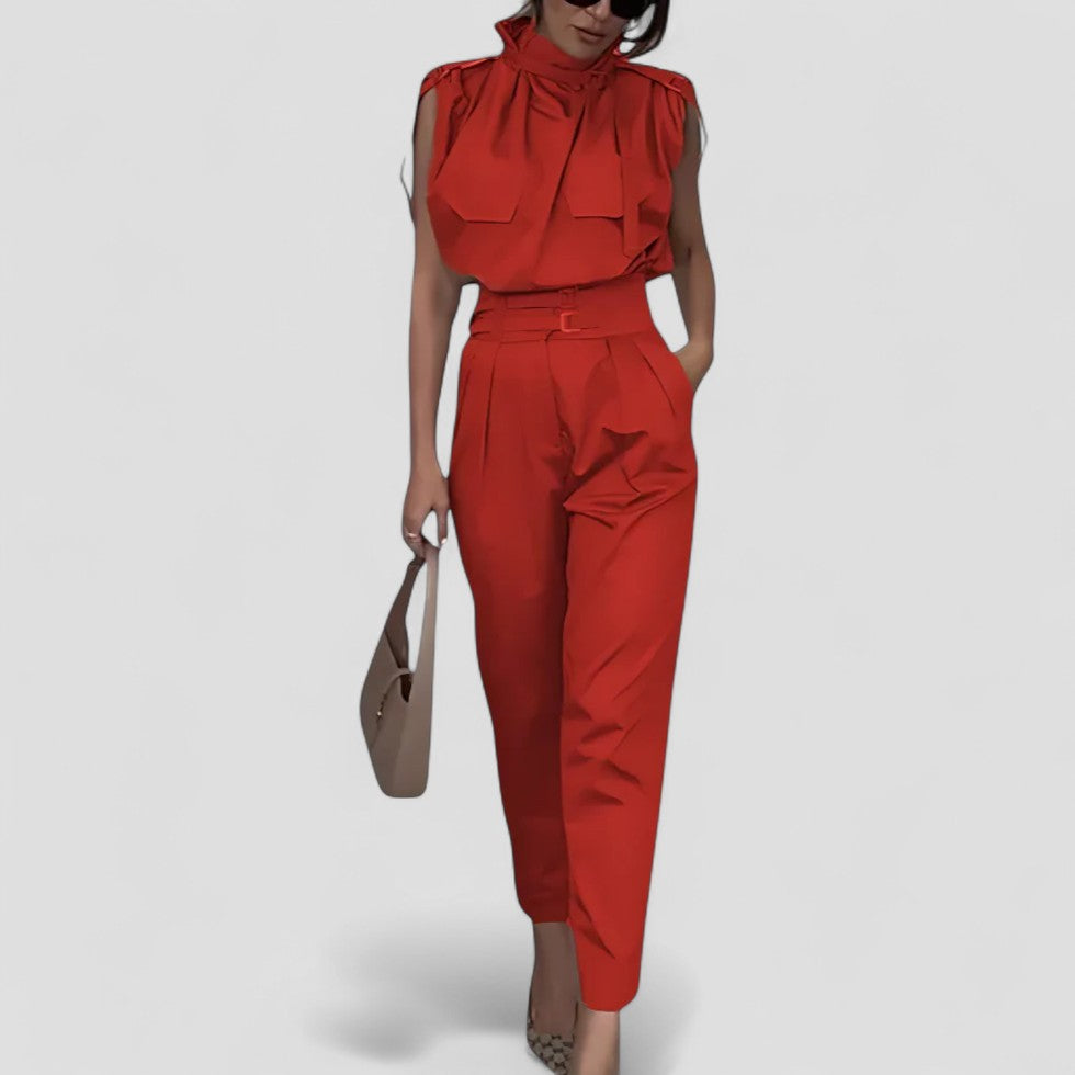 Women’s Sleeveless Belted Jumpsuit with Pockets
