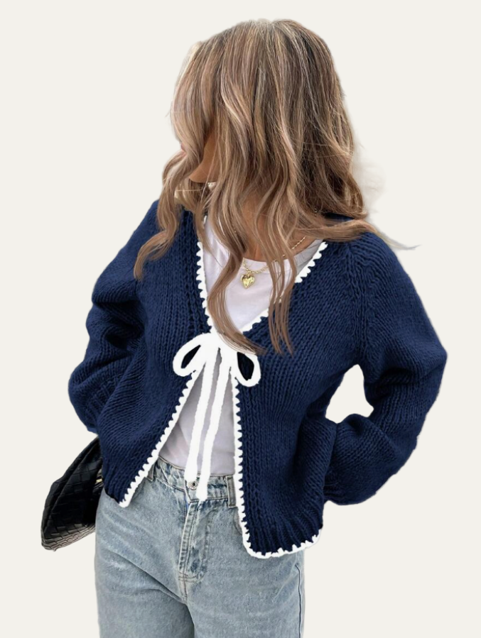 Women’s Tie-Front Cardigan – Cropped Knit Layer with Contrast Trim 9