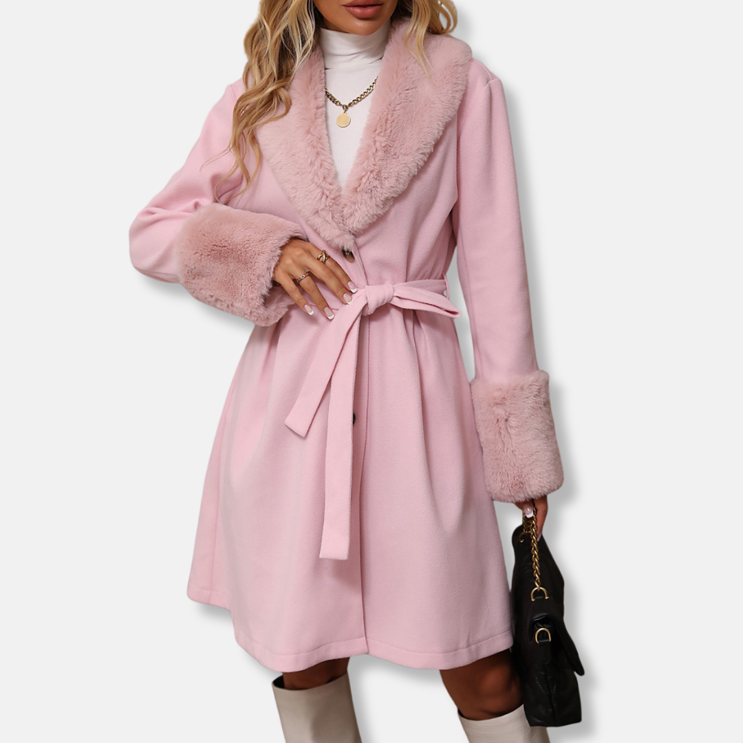 Women’s Trench Coat – Tailored Fit – Wool Blend – Faux Fur Collar & Cuffs – Belted 3