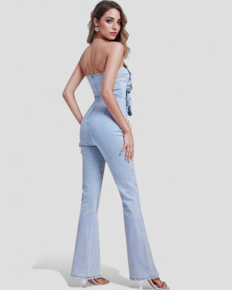 Womens Strapless Denim Jumpsuit with 3D Floral Appliques