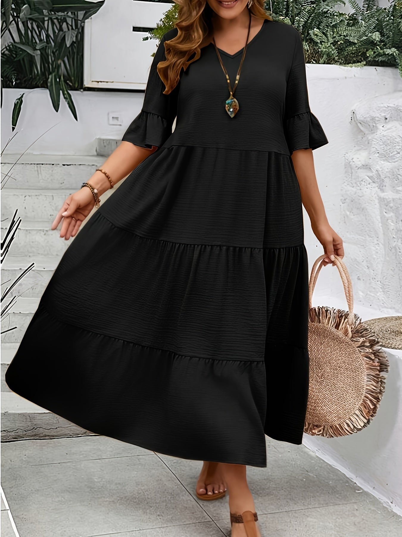 Stylish Plus Size V Neck Dress for Women