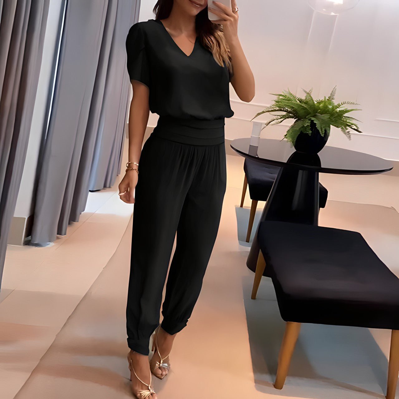 Fashionable Graphic V-Neck Outfit