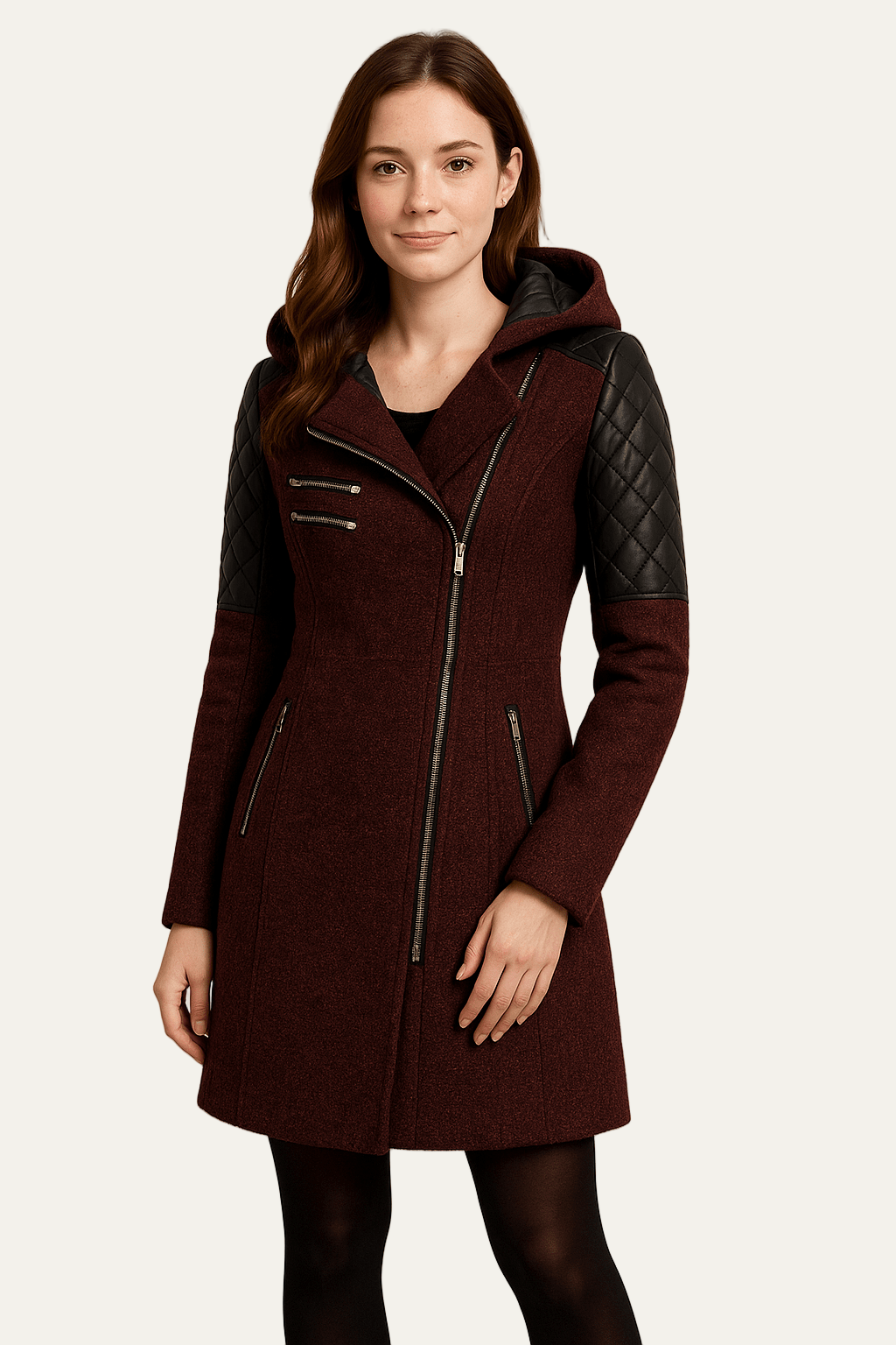 VogeLuxe | Women’s Wool Blend Moto Coat with Quilted Sleeves