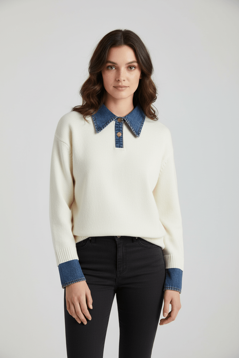 Casual Fit Women's Knit Sweater with Blue Trim