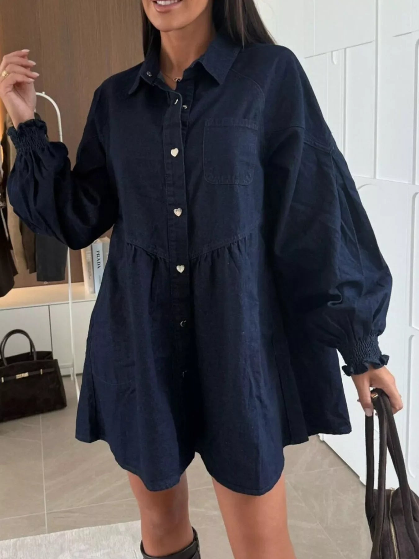 Casual Short Blue Jeans Dress with Pockets